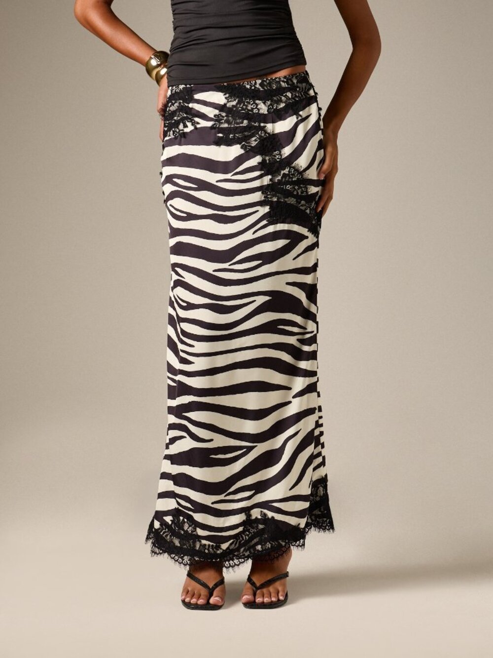 Multicolor Elegant Women's Zebra Print Maxi Skirt With Lace Trim